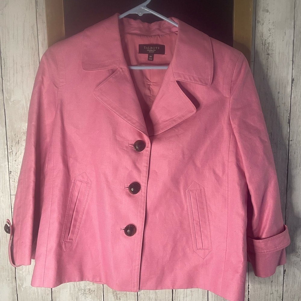 Talbots Linen Blend Blazer Jacket Womens 14P Pink Button Up Pockets Mfg $159